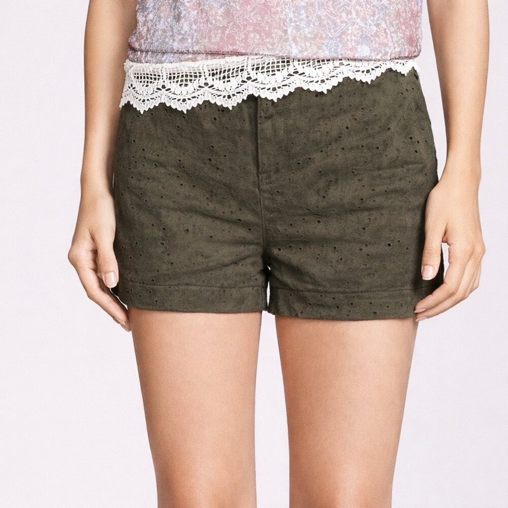 Ethereal by Paper Crane Shorts Dark Green Faux Suede Eyelet Laser Cut High Rise